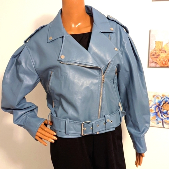 Blue Faux Leather Moto Jacket - Picture 2 of 4